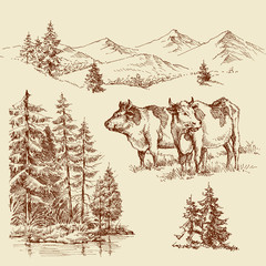 Nature and farming isolated design elements. Grazing cows, pasture and pure natural dairy products label icons set