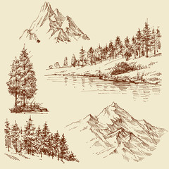 Nature design elements. Mountains, trees and forest set