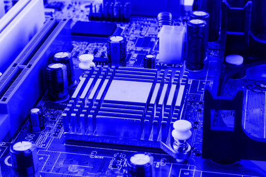 Radiator on chip of northbridge of computer motherboard close macro