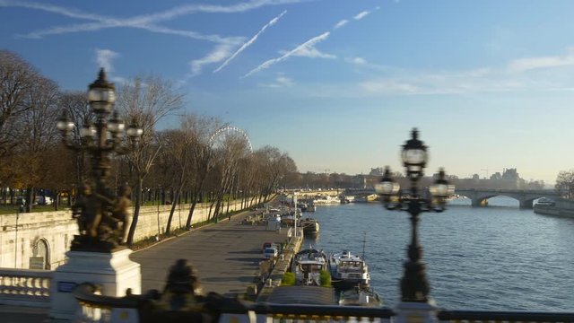 sunny day paris double-decker bus seine river bridge ride pov panorama 4k france
