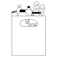 square paper bag with handle and foods sausage bread and drinks juice and water bottle and milk carton in black dotted silhouette