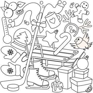 Черно белая контурная новогодняя иллюстрация раскраска для детей, с изображением новогодних объектов санки, коньки, подарки, клюшка с шайбой, градусник, варежки, шарф, снежный шар для дизайна.