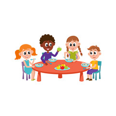 vector cartoon caucasian and african children at summer camp concept. Girls and boys kids sitting at big circle table eating vegetables, fruits and porridge holding forks spoons. Isolated illustration