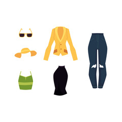 vector flat woman outfit apparel set. Fashionable Office corporate suit skirt, yellow jacket, summer sleeveless tank green shirt, sun hat, sunglasses. Isolated illustration on a white background.