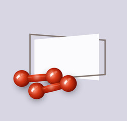 vector flat red dumbbells sport equipment object with paper banner in frame with free space for your text. graphic design or web design element. illustration on blue background