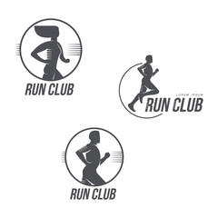 Run club logo template set with jogging man and woman silhouettes, black and white vector illustration isolated on white background. Run club logo, badge set with portraits of running man and woman