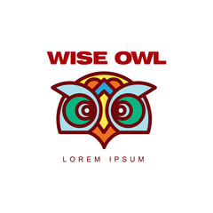 Obraz premium wise hand drawn colored wise owl head closeup . brand logo stylized design silhouette pictogram. Line icon bird isolated illustration on a white background.