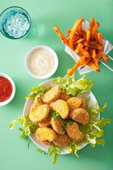 vegan soy nuggets and sweet potato fries healthy meal
