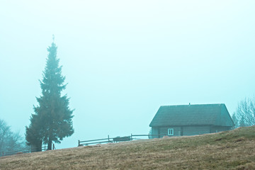 Mountain landscape in the fog. house in the mountains. Carpathian mountains.