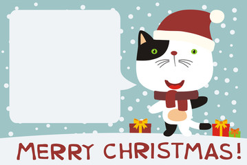 Merry Christmas! Card with funny kitten cat in cartoon style. Cute kitten cat with speech bubble for Christmas greetings.