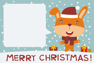 Merry Christmas! Card with funny bunny rabbit in cartoon style. Cute bunny rabbit with speech bubble for Christmas greetings.