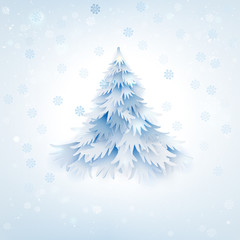 White Christmas and Happy New Year fir tree. Paper art craft cat out style. Xmas object on white background. Seasons Greeting card. Vector illustration.