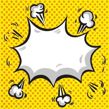 Comic speech cloud with explosion and rays on halftone yellow background