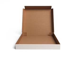 front view of opened pizza box 3d render on white background