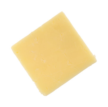 Top view of a single slice of a sharp cheddar cheese square isolated on a white background.