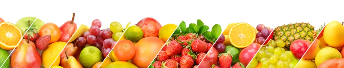 Poster Panoramic collection fresh fruits isolated on white background. © alinamd