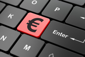 Currency concept: computer keyboard with Euro icon on enter button background, 3D rendering