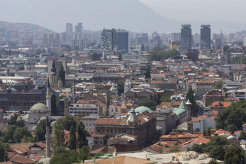Panoramiv view of Sarajevo from Yellow fortress, with skycrapers in the background