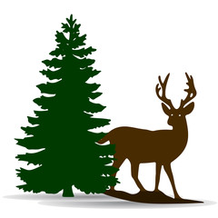 Silhouette of a green fir-tree and deer, on white background,