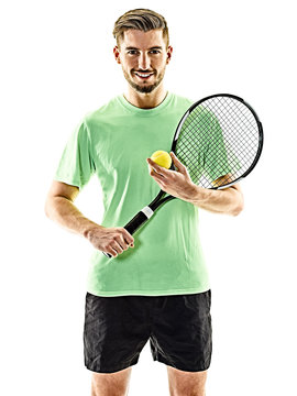 one caucasian  man playing tennis player isolated on white background