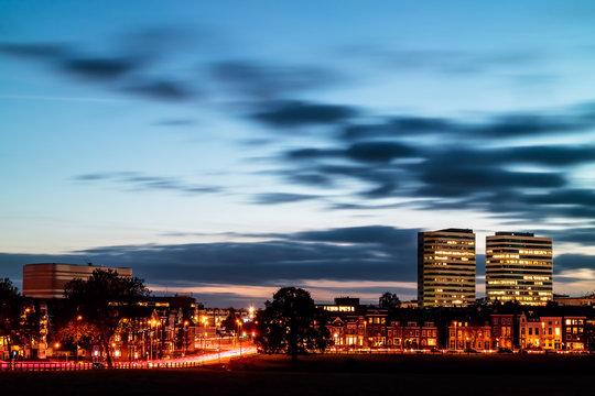 Evening view of the central railway station area with offices in the Dutch city of Arnhem