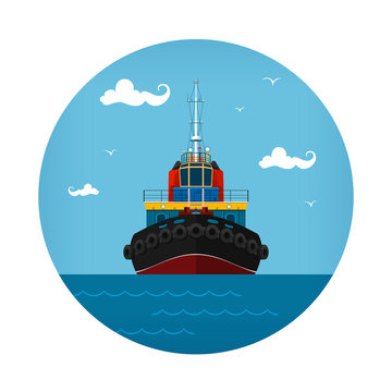 Tugboat Icon, Front View of the Push Boats, Vector Illustration