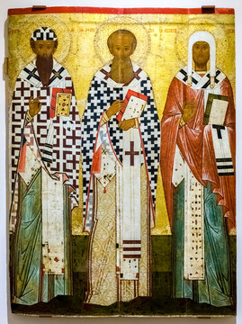 Antique Russian orthodox icon. The Saints Cyril and Athanasius of Alexandria, Leontius of Rostov