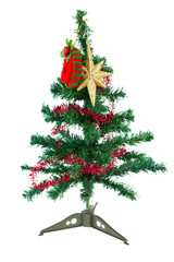 Joyful studio shot of a Christmas tree with colorful ornaments, isolated on white