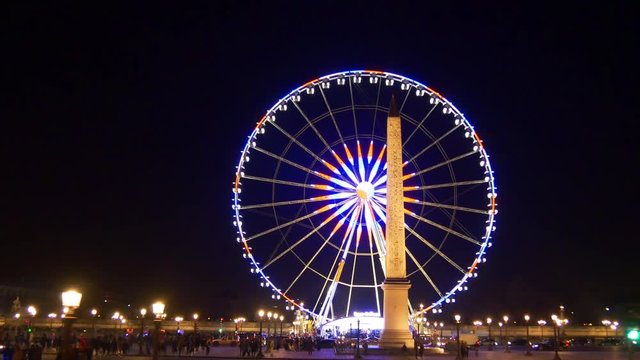 paris night illumination concord square carousel wheel monument bus ride panorama 4k france
