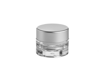 empty plastic, glass jars cosmetic, lotion packaging on a white background