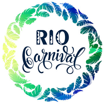 RIO Carnival. lettering design with feather frame. Vector illustration.