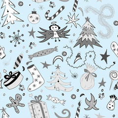 Seamless Pattern of Hand Drawn Doodle Winter Holiday Symbols. Children Drawings of  Fir Trees, Gifts, Candle, Sweets, Angel and Snowflakes. Vector illustration.