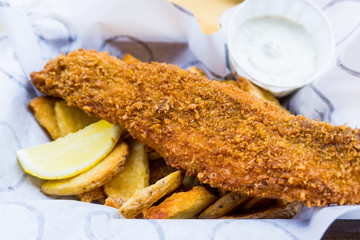 British Traditional fish and chips and  tartar sauce