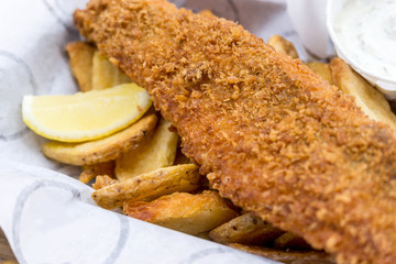 British Traditional fish and chips and  tartar sauce