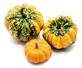 Three whole colorful pumpkin (two spotty green yellow and one yellow) isolated on white background.