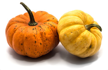 Two whole colorful pumpkins (yellow, orange) isolated on white background.