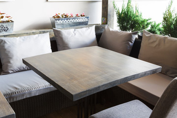 Cozy wooden interior of restaurant, copy space