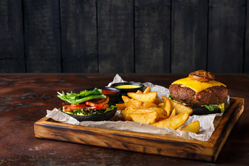 Take away burger menu on wooden tray