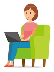 Illustration that mommy wearing short-sleeved clothes is sitting on the sofa and operating a personal computer
