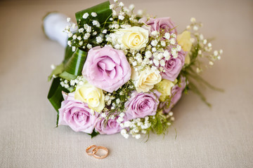 Close up of wedding bouquet on beige background
