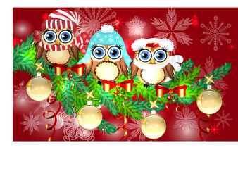 Three owls in caps, scarves, headphones on a spruce branch decorated with balls, garlands. Christmas card