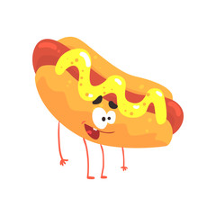 Hot dog cartoon fast food character, element for menu of cafe, restaurant, kids food, vector Illustration