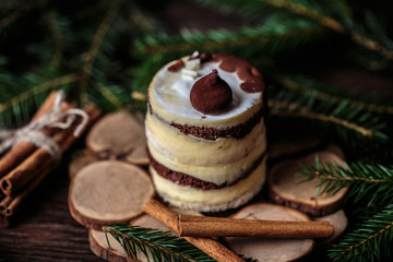 Christmas tasty cake on dark wooden background with spruce decoration.