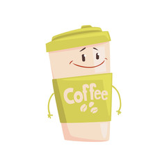 Funny coffee cup cartoon character, element for menu of cafe, restaurant, kids food, vector Illustration
