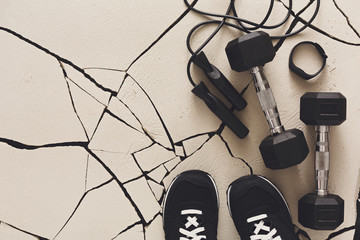 Fitness background, sport equipment, copy space