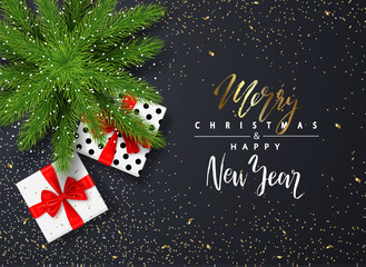 Merry Christmas ans Happy New Year. Poster with gift boxes, serpentine and fur-tree on black background. Modern design.Universal vector background for poster, banners, flyers, card.