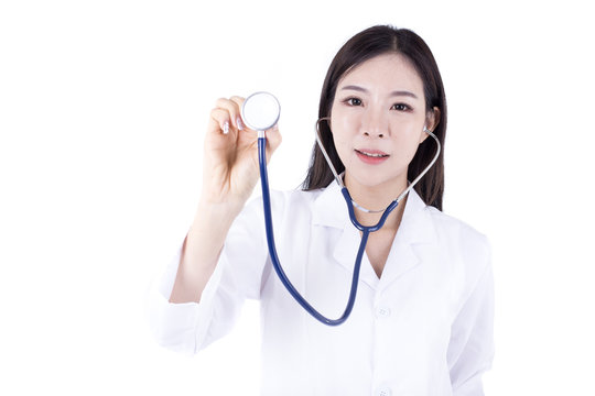 Portrait of Confident smiling Korean Woman doctor posing at white background, healthcare concept