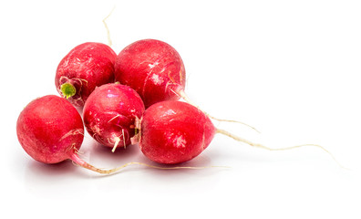 Five bulbs of red radish isolated on white background.