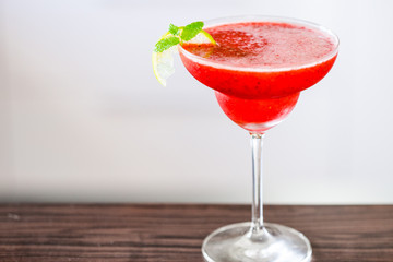 Strawberry Cocktail Margarita with Lime and Mint Leaves, Free Space for Text, Horizontal Wallpaper