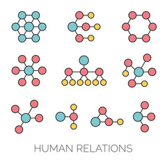 Human relations simple charts. Hierarchy, connections, organizations diagrams vector illustrations.